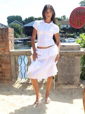 Caspar the Label The Poet Puff Sleeve Button Collared White Linen Top, XS